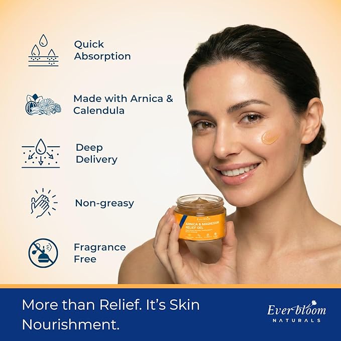 Arnica & Magnesium Calming Face Moisturizer Gel 4oz, Fast Recovery for Skin Bruising, Redness & Puffiness. Soothing Massage for Tension, Spasms & Thin Skin. With Emu Oil &E ucalyptus. Non-Greasy.
