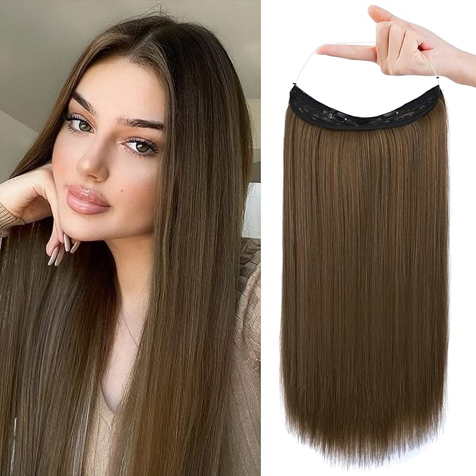 REECHO Invisible Wire Hair Extensions with Transparent Headband Adjustable Size Removable Secure Clips in Straight Secret Hairpiece for Women (20 Inch, Chocolate Brown)