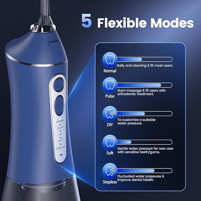 Water Picks for Teeth Cleaning and flossing, 5 Modes Rechargeable Cordless Oral Irrigator 320ml Water Tank Teeth Cleaner, IPX7 Waterproof Portable Electric Dental Flossers for Home and Travel,Blue