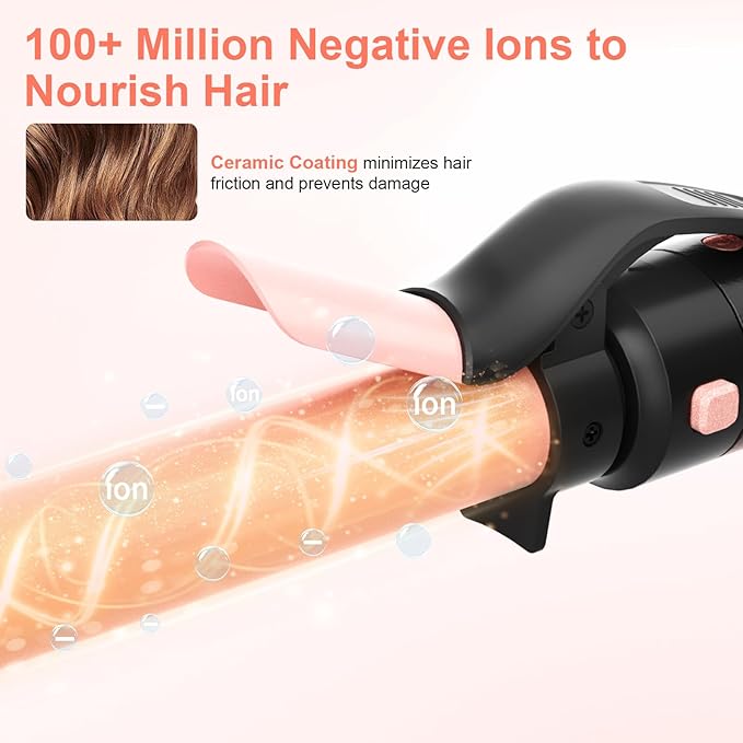 Automatic Rotating Curling Iron, 3 in 1 Thermal Brush Set 1-1 1/2 Inch, Auto Hair Curler with 3 Temps, 100 Million Ionic, Travel Dual Voltage Self Curling Wand for Beach Waves, Ceramic Coating
