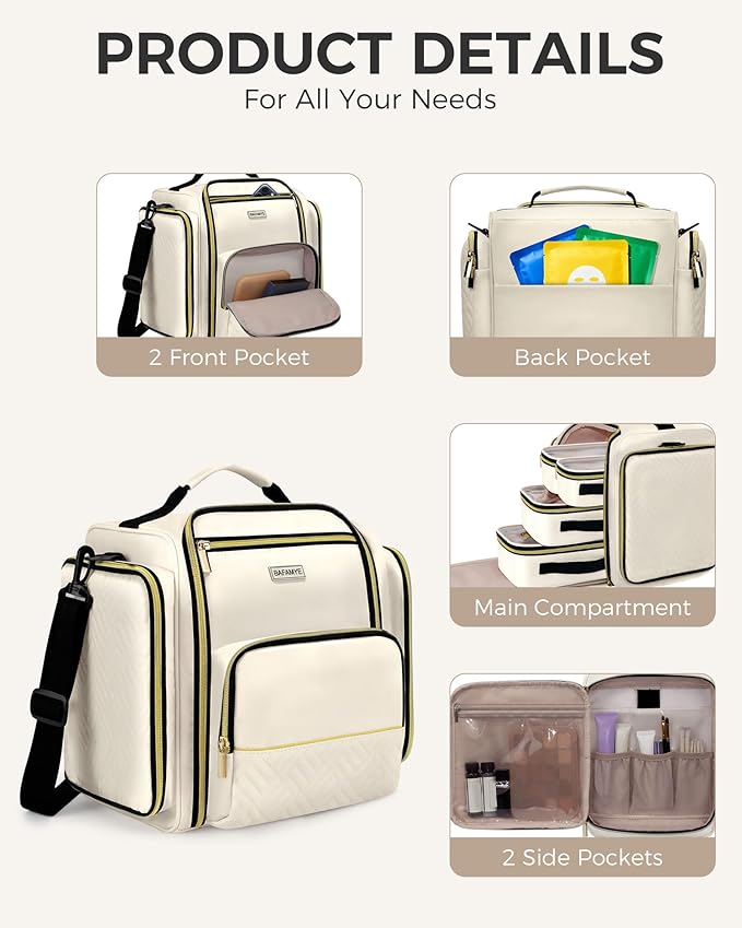 BAFAMYE Large Travel Makeup Bag - Cosmetic Organizer with 4 Removable Inner Pockets, Multi-functional Toiletry Bag for Accessories & Brushes, Women's Beauty Case, Beige