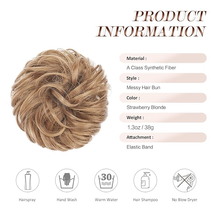 FESHFEN Messy Bun Hair Piece - Wavy Synthetic Chignon Scrunchies for Instant Volume, Elastic Bun Ponytail Hair Extensions Thick Hairpieces for Women, Strawberry Blonde 1.50 oz