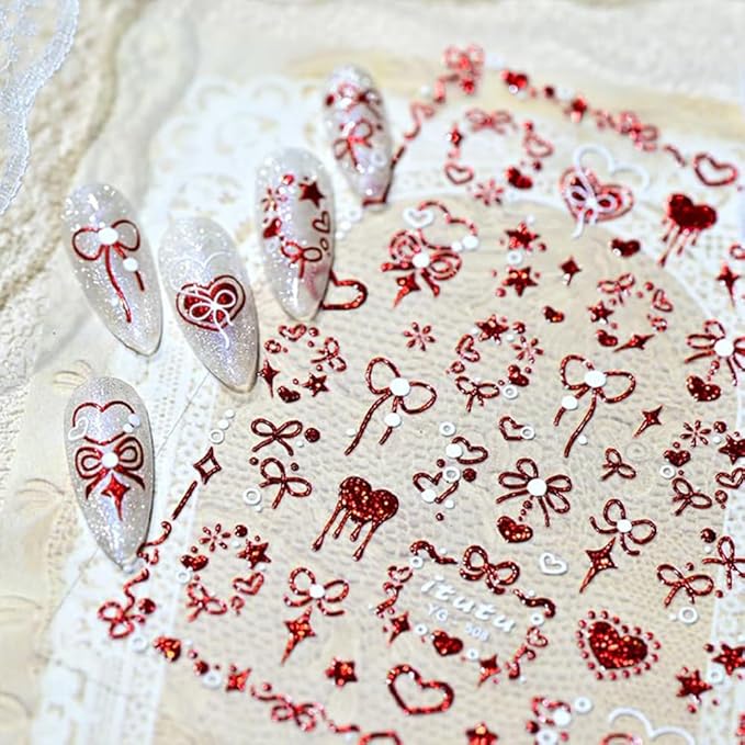 Red Heart Nail Stickers for Nail Art 5D Embossed Valentines Nail Art Stickers with Star Bow Design Glitter Heart Nail Decals Romantic Valentines Nail Supplies for Women Girls Holiday DIY Manicure