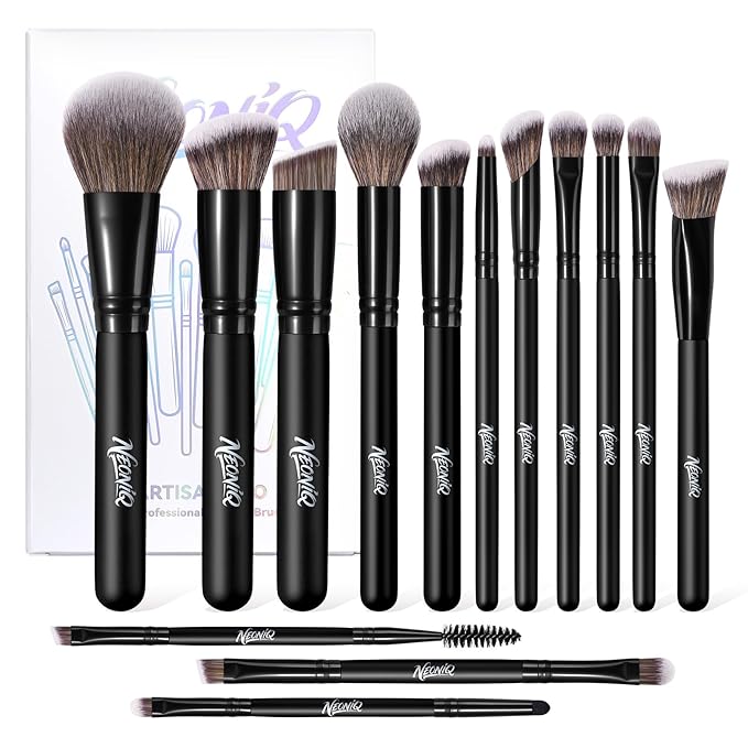 NEONIQ 14 PCS Professional Makeup Brushes, Makeup Brush Set, Foundation Powder Blending Concealer Eyeshadows Blush Cosmetics Brushes,Versatile Face Make Up Tools For Liquid, Cream, Loose(Black)
