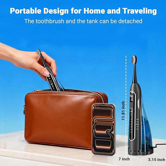 Electric Toothbrush with Water Flosser, 3-in-1 Sonic Modes, 5 Flossing Speeds with 2 Brushes + 2 Nozzles, Portable Flossing Toothbrush Combo for Adults Teeth Cleaning Kit for Travel (Black)