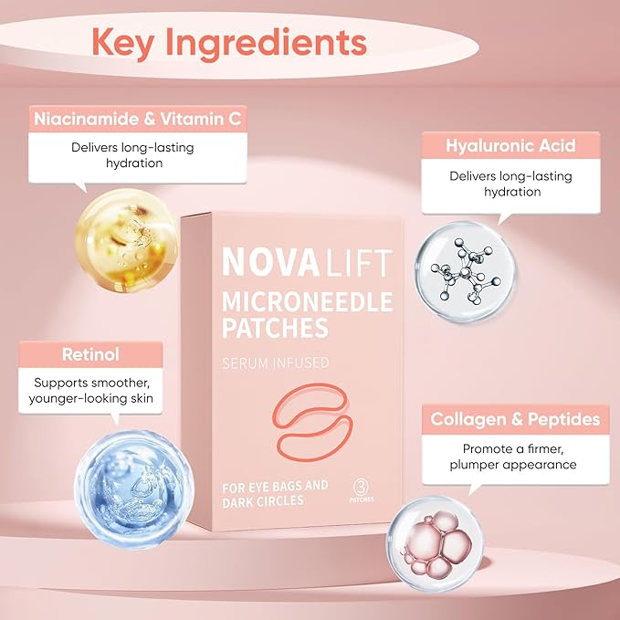 NOVALIFT MicroGlow Eye Patches,Under Eye Patchs Hyaluronic Acid Eye Mask for Dark Circles for Women, Forehead Wrinkle & Smile Line Patches (3BOX(9 Pairs))