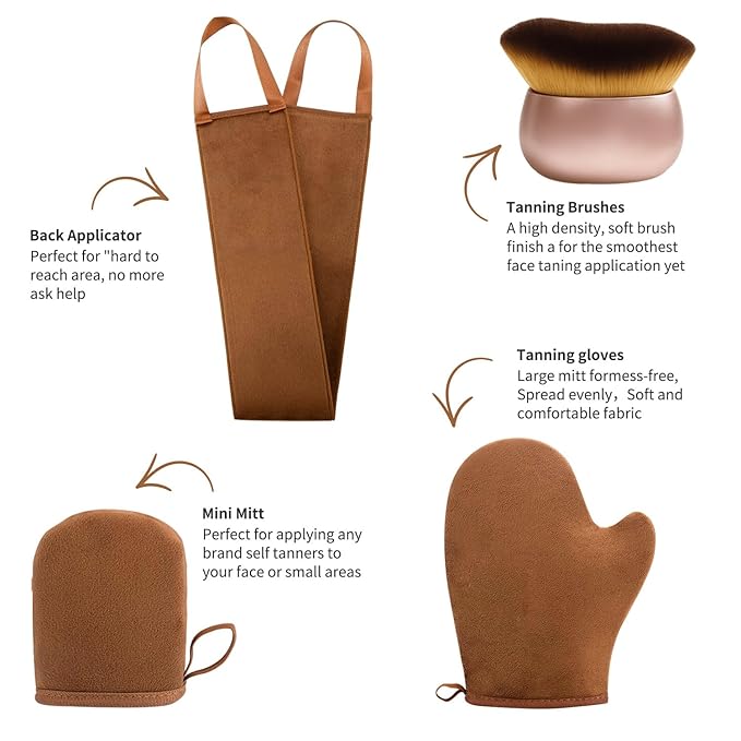 Premium Self-Tanning Kit – 4-Piece Professional Tan Applicator Set with 2 Mitts, Back Strap & Kabuki Brush | Streak-Free Fake Tan Mitt for Body & Face | Vegan Leather, Waterproof
