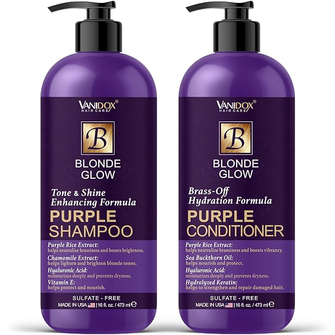 VANIDOX Sulfate Free Brass Toning Purple Shampoo and Conditioner Set for Blondes, Brown Highlighted, or Bleached Hair, Shampoo for Blondes Infused with Purple Rice Extract (16 fl oz each)