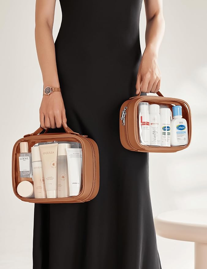Oaque Clear Cosmetic Bag Double Layer Travel Toiletry Bag Clear Makeup Bag Case with 4 Compartments, Transparent Travel Bag for Toiletries, Large Toiletry Bag for Women Cosmetic Case (Brown, Large)