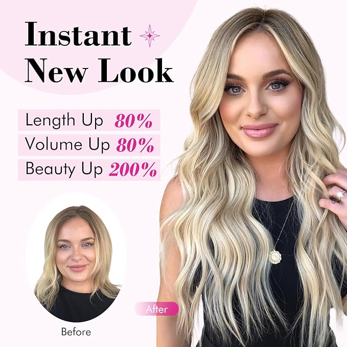 REECHO Blonde Hair Extensions, 20” One Piece Clip in Hair Extensions Thick Long Beach Wavy Natural Soft Synthetic Hairpieces for Women, Ash Blonde with Highlights