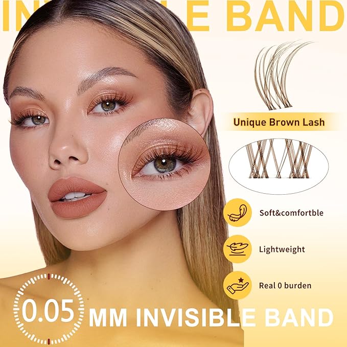 QUEWEL Brown-Lash-Clusters Kit, 120pcs Wispy-Lash-Clusters Kit Mix10-18mm Wispy Natural Invisible Band Eyelash Clusters Kit for DIY Cluster Eyelash Extensions(Brown Feather 4 Set)
