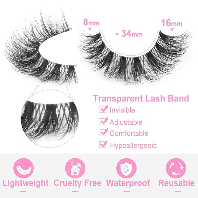 False Lashes Clear Band Faux Mink Lashes Wispy Eyelashes Cat Eye 16mm Natural D-Curl Lashes Cat Eye Strip Eyelashes Pack by Kiromiro, 14 Pairs