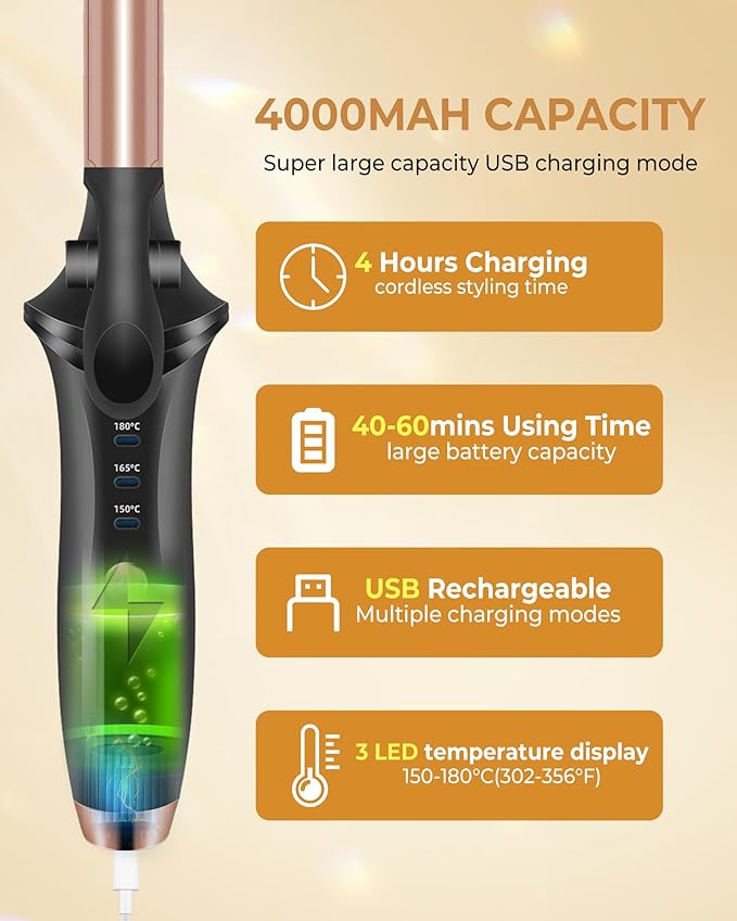 Cordless Curling Iron Rechargeable,USB Rechargeable 4000 mAh Cordless Hair Curler,3 Temp Setting Mini Travel Battery Powered Curling Iron,2 in 1 Portable Hair Straightener and Curler