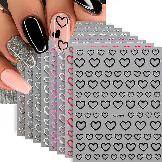 8 Sheets Heart Nail Stickers Valentines Heart Nail Decals 3D Self Adhesive Gold Silver Red White Black Hearts Nail Art Stickers Design Holiday Manicure Accessories for Women DIY Nails Supplies