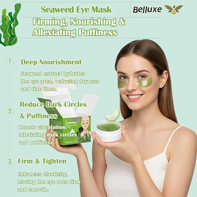 Belluxe Under Eye Patches - Hydrogel Eye Mask for Dark Circles & Puffy Eyes, Korean Collagen Eye Gel Patches with Seaweed, Intense Hydrating Care