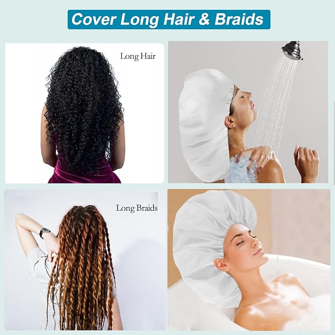 3 Pcs Extra Large Shower Caps for Women, Waterproof Adjustable XL Jumbo Satin Lined Shower Cap for Long Hair & Braids, Reusable Double Layer Large Bath Cap for Dreadlocks, Locs (White)