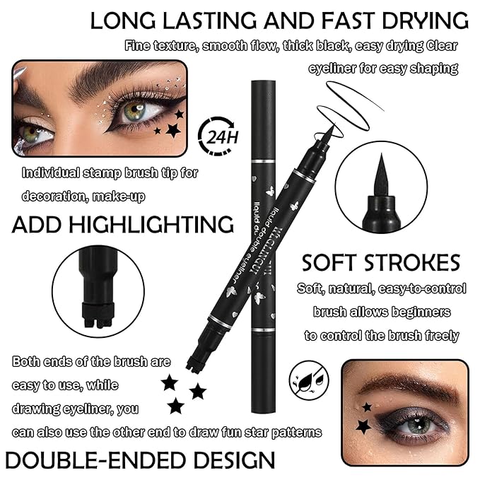 4 PCS 2 in 1 Stamp Liquid Winged Double Head Eyeliner Pen Set Seal Eyeliner Waterproof Star Moon Butterfly Heart-Shaped Embellished Eye End Eye liner Makeup Cosmetics(Black)