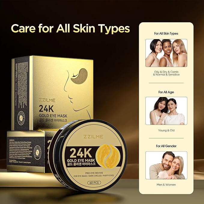 ZZILME 24k Gold Eye Patches - Firming, Glowing & Hydrating Hydrogel Mask for Puffy Eyes, Dark Circles, Wrinkles, Eye Bags Treatment, Fine Lines, Korean Skincare Gifts for Men and Women, 60Pcs