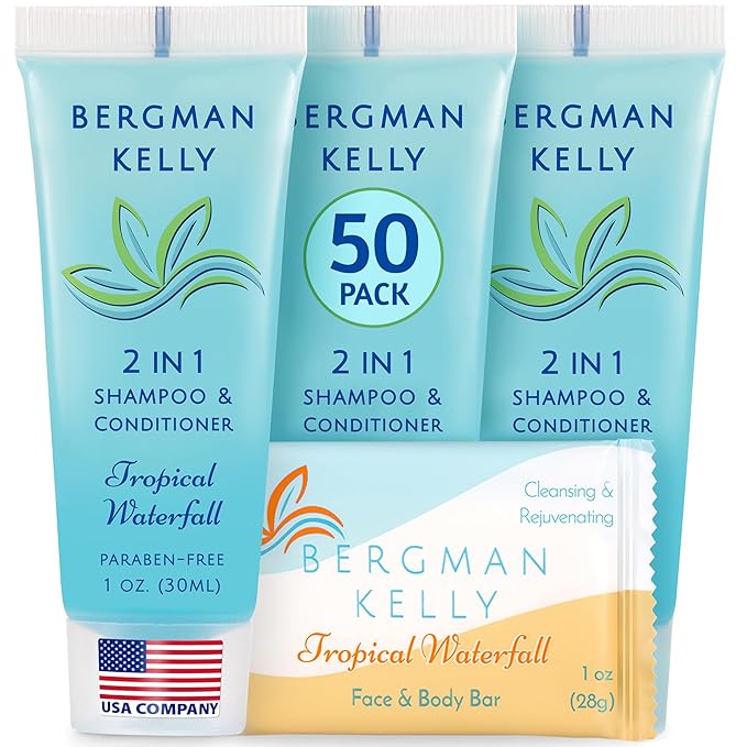 BERGMAN KELLY Rectangle Soap Bars, 2in1 Shampoo & Conditioner 2-Piece Set (Tropical Waterfall, 1 oz ea, 100 pc), Delight Your Guests with Revitalizing & Refreshing Sanitary Toiletries Hotel Amenities