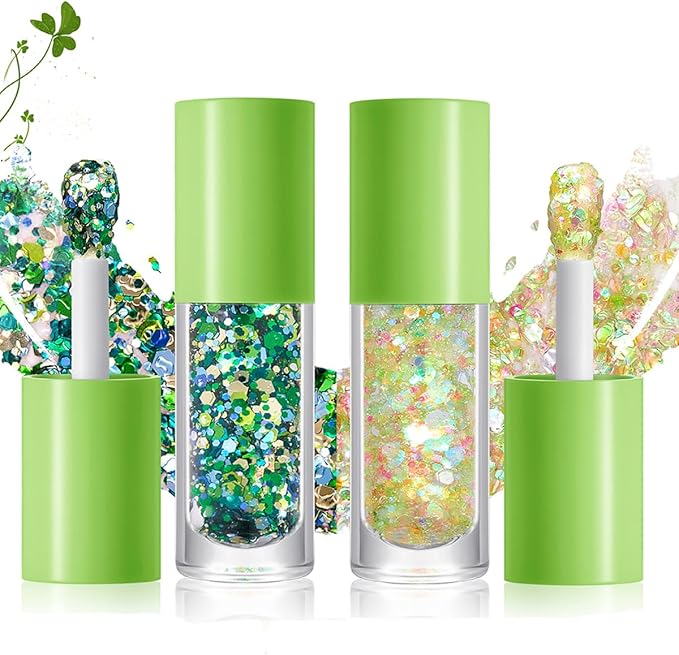 St. Patrick‘s Day Body Glitter Duo with Brush - Bold Deep Green & Bright Pastel Mix Chunky Glitter, 2-Pack for Face, Body & Hair | Long Lasting Festival Makeup