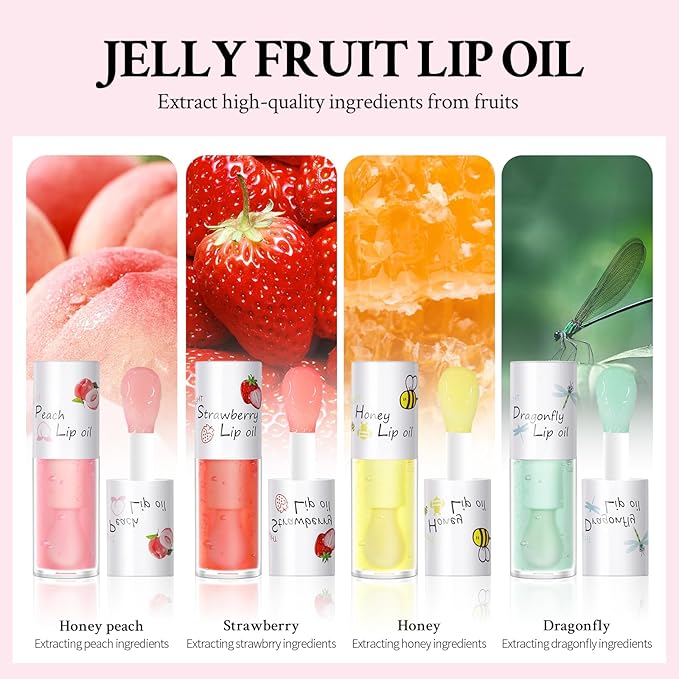 4 Pcs Crystal Jelly Lip Oil, Fruit Flavoured Hydrating