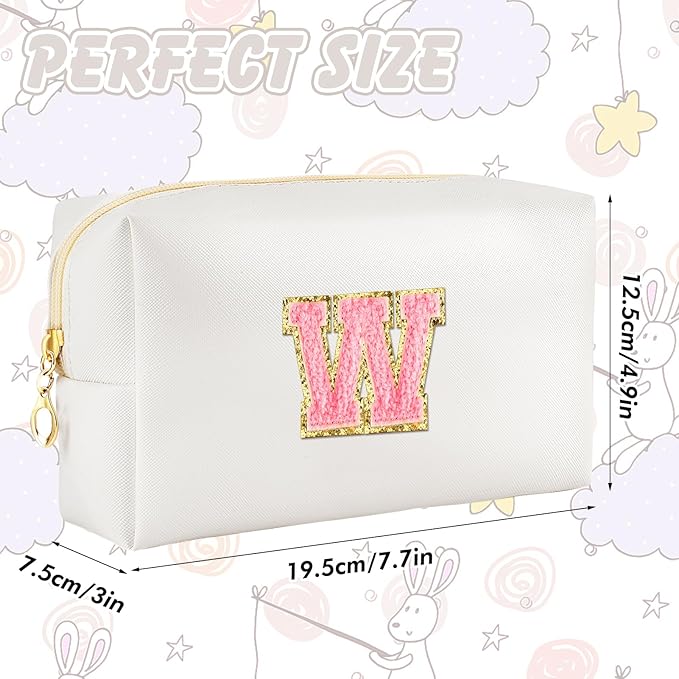 URSKYTOUS Initial Makeup Bag Personalized Preppy Travel Small Cosmetic Bag Cute PU White Chenille Letter Makeup Pouch for Purse Waterproof Zippered Toiletry Organizer for Women Girls Kids Friends (W)