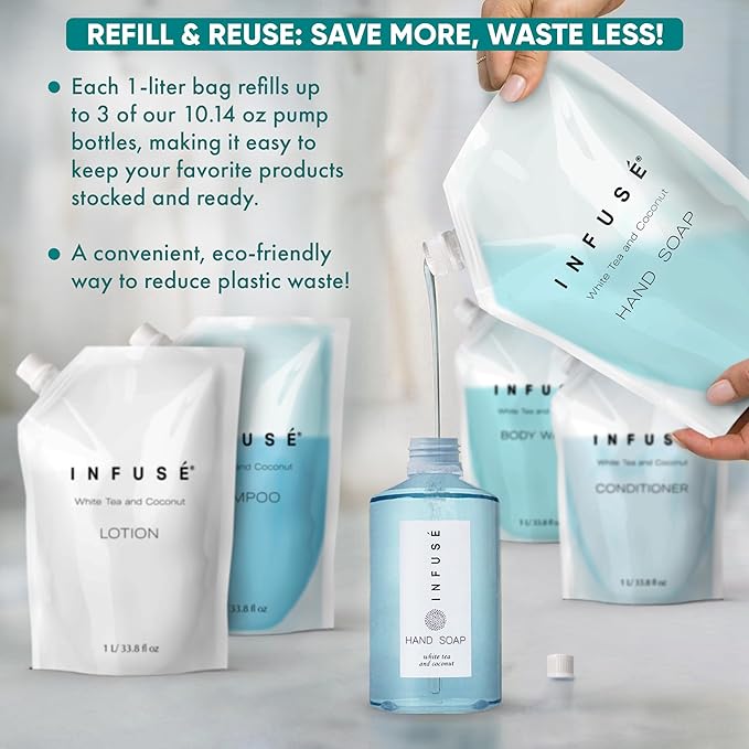 INFUSÉ 1 Liter Hand Wash Refill Bag For Soap Dispensers | Bulk Toiletries for Vacation Rentals, and Home Bathroom Showers | White Tea and Coconut | Set of 12