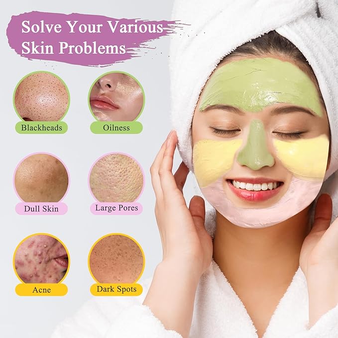 Pjordo 3 Pack clay mask, Turmeric Vitamin C, Avocado, Rose clay mask for face, Face Mask Skin Care for Deep Cleaning Reduce Blackheads Dark Spots, Valentines Day Gifts Set for Women, 3.17 Oz Each