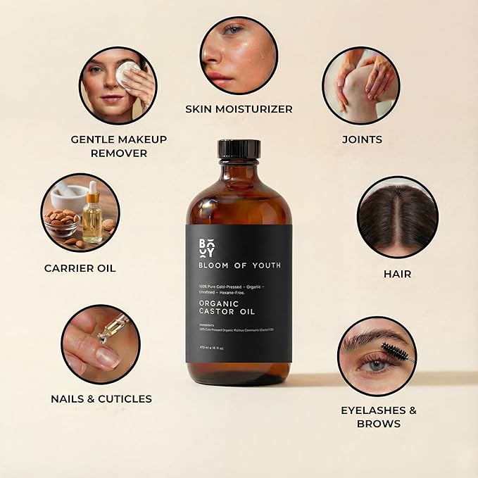 100% Pure Cold Pressed Organic Castor Oil, Glass Bottle 16oz | Hexane Free, Unrefined, USDA Certified | For Hair, Skincare, Castor Oil Pack, Face, Joints, Carrier Oil, Eyelashes, Eyebrows