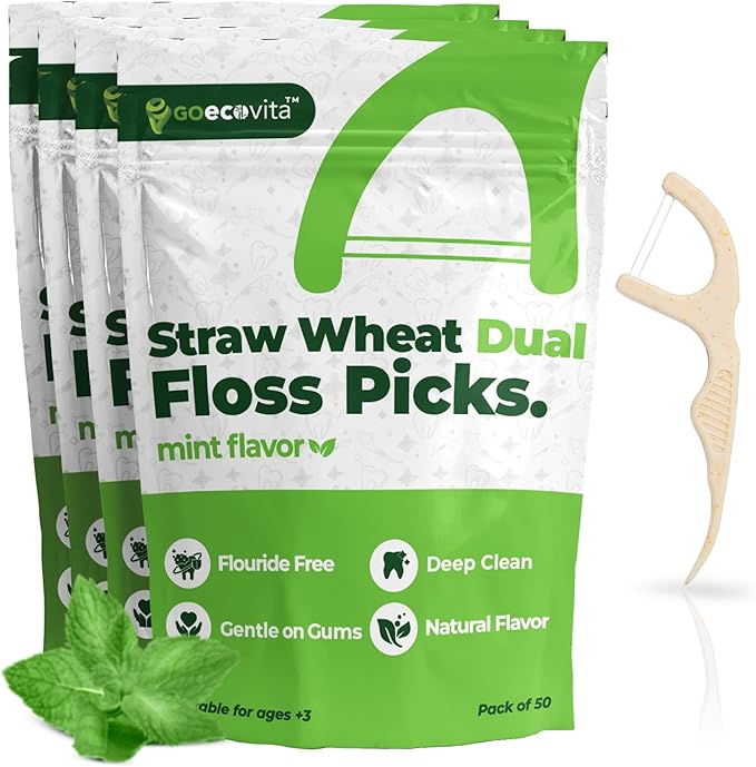 Dual Line Dental Floss Picks - Straw Wheat Flossers | Thin & Shred-Resistant Thread for Tight Gaps | Dental Flossers for Adults | Gentle on Gums & Teeth (200 Pack, Mint)