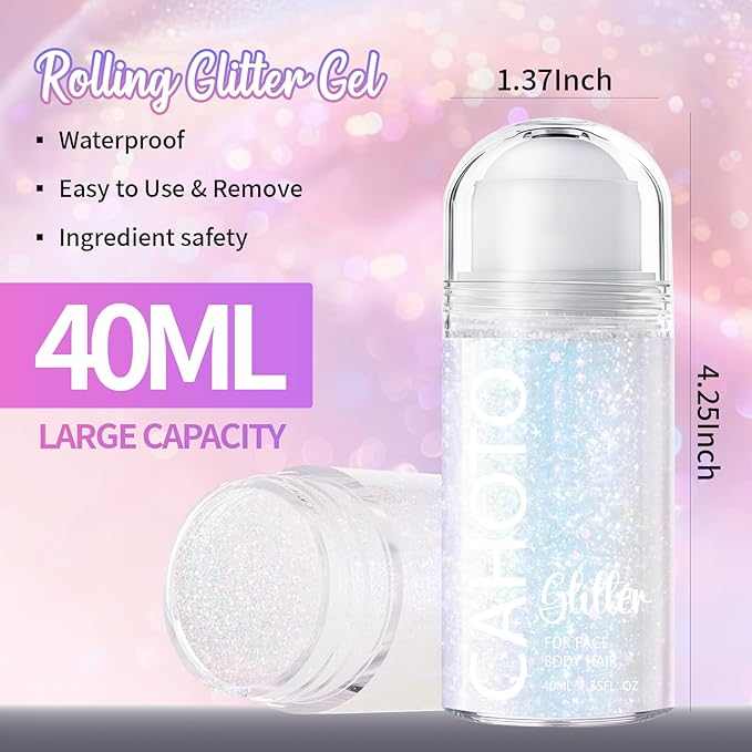 Aurora Rolling Glitter for Face Body & Hair, Sparkling Holographic Chunky Shimmer, Roll-on Sequins for Singer Concert Rave Festival Halloween Party Carnival, 1.35fl.oz