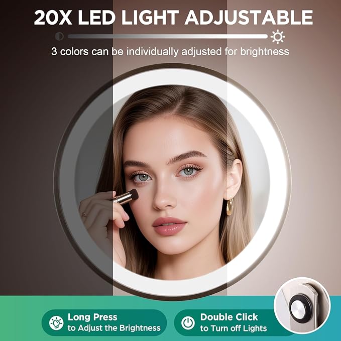 20x Magnifying Mirror with Light, 5000mAh Lighted Makeup Mirror with 3 Color Modes and Adjustable Brightness, Side Charging Port & SideTouch Sensor, 360° Rotation -Brushed Nickel