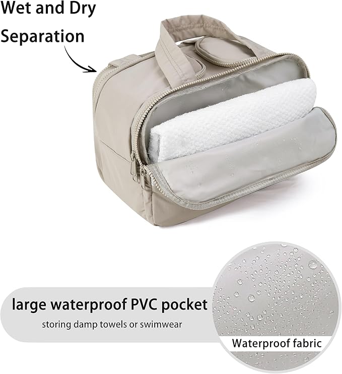 BUZFOWU Travel Toiletry Bag for Women, Large Wide-open Puffy Cosmetic Makeup Bag with Wet-Dry Separation, Multi-Pocket Organizer with Carry Handle for Toiletries, Cosmetics, Essentials, Camel