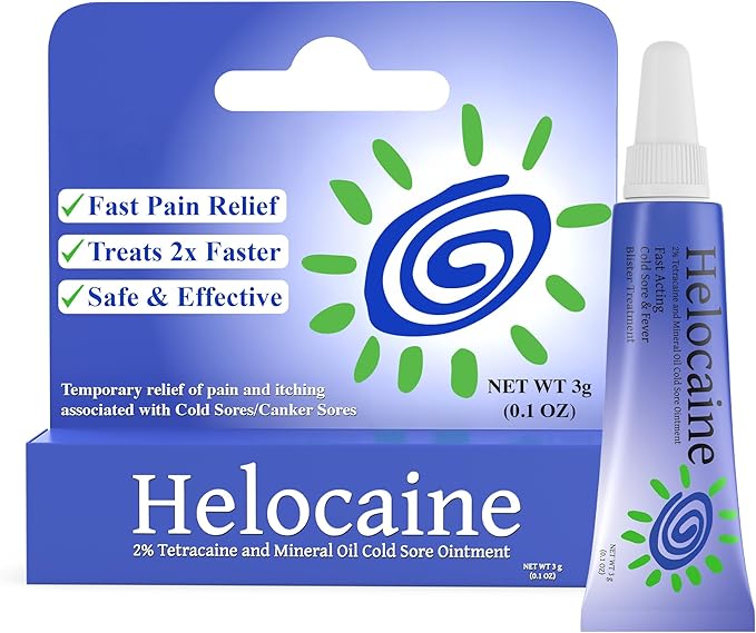 Helocaine Fast Acting Cold Sore Canker Sore Treatment for Lips & Inside Mouth, Oral and Topical Rapid Pain Relief Over-The-Counter, 3g, 0.1 oz Tube, 1 Pack