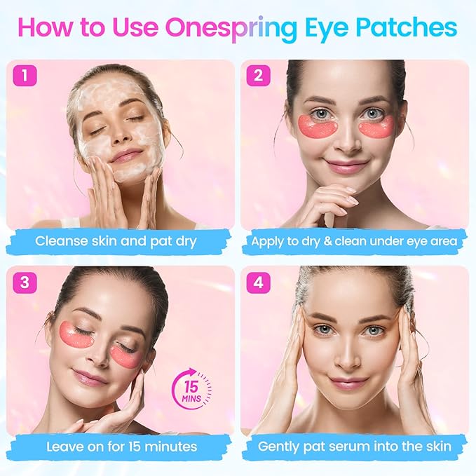 Onespring Eye Masks (8 Pairs) - Travel Essentials - Under Eye Patches for Dark Circles, Puffiness, Fine Lines with Collagen, Revitalises and Refreshes Your Skin, Bridesmaid Gifts for Her