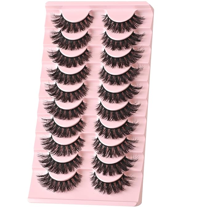FARRED False Lashes Wispy Natural Strip Eyelashes 14mm Cat Eye Mink Lash Strips Full Volume Fake Cateye Eyelash Pack Natural Look 10 Pairs Short Thick Fluffy Pestañas Postizas for Women