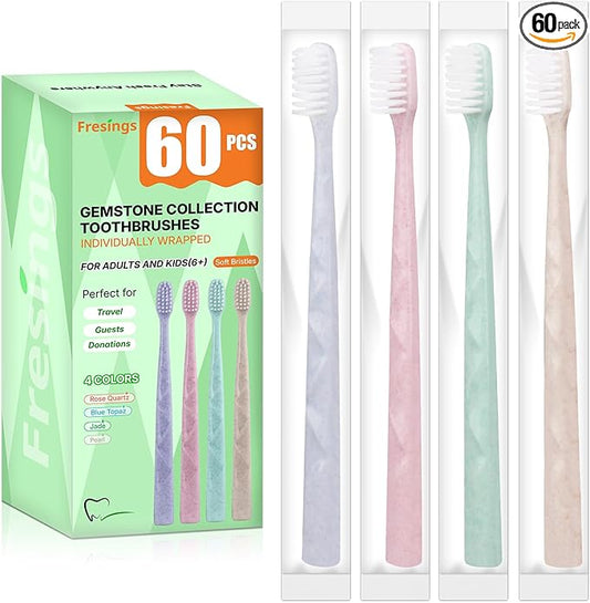 60 Pack Premium Disposable Toothbrush with Tongue Scraper – Individually Wrapped Bulk Travel Toothbrushes, Soft Bristles for Guests, Hotel, Vacation Rental, Home & On The Go,4 Colors