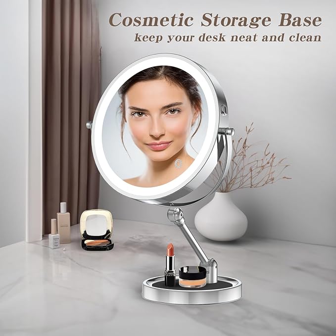 Rocollos 9" Large Lighted Makeup Mirror with 1X/10X Magnification, 4000mAh Rechargeable Vanity Mirror with Height Adjustable & 3 Color Dimmable Lights (9 Inch-Chrome)