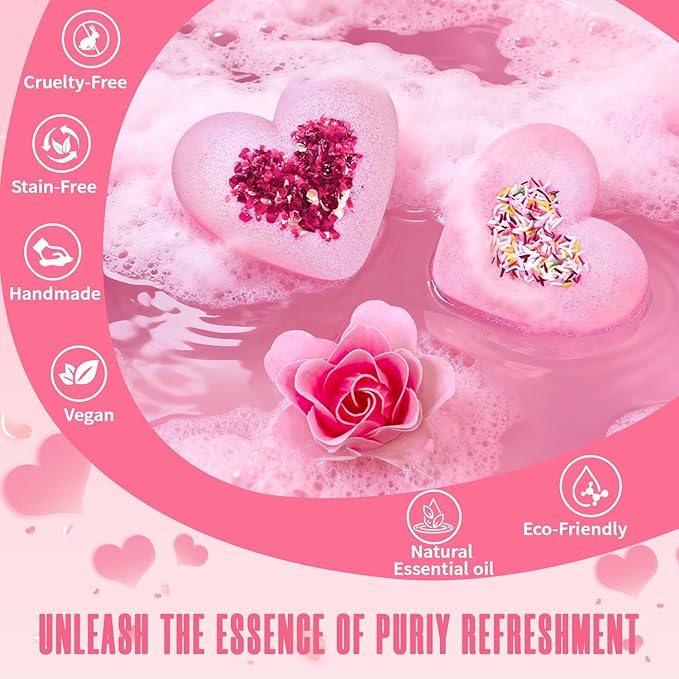 Valentines Bath Bombs for Women, XXL 4-Pack Handmade Natural & Organic Rose Essential Oil, Valentines Day Gifts for Her Him, Valentines Day Basket Birthday Gifts for Wife Daughter Girlfriend Coworkers