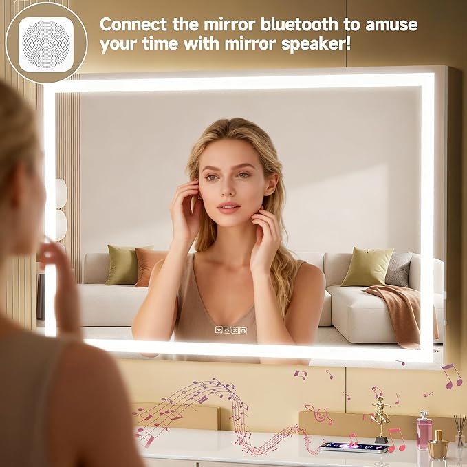 MINISO Vanity Mirror with Lights,47.2"x29.5"LED Makeup Mirror with Bluetooth Speaker,Touch Sensor,3 Light Colors,Dimmable,Metal Frame,with 10X Magnifying Glass,Rectangular White