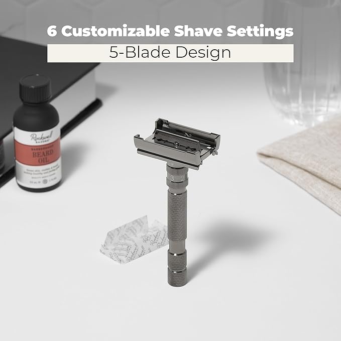 Rockwell T2 | Twist-To-Open (TTO) Double-Edge Safety Razor | Full Metal | Includes 5 Fully Recyclable Stainless Steel Blades (Gunmetal Chrome)