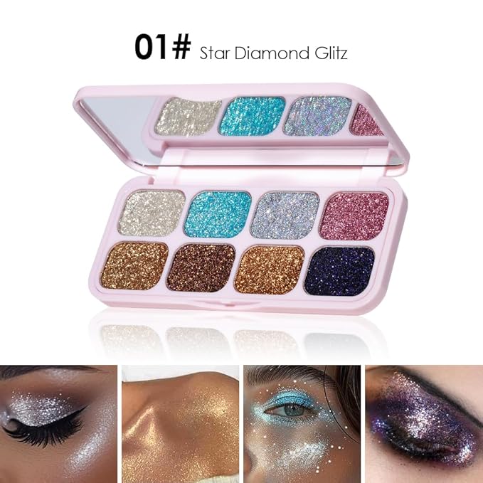 8-Color Glitter Eyeshadow Palette, Star Diamond Glitz, High Shine Metallic & Sparkle Shades, Long-Lasting Waterproof Eye Makeup, Smooth Blendable Powder for Party & Night Look