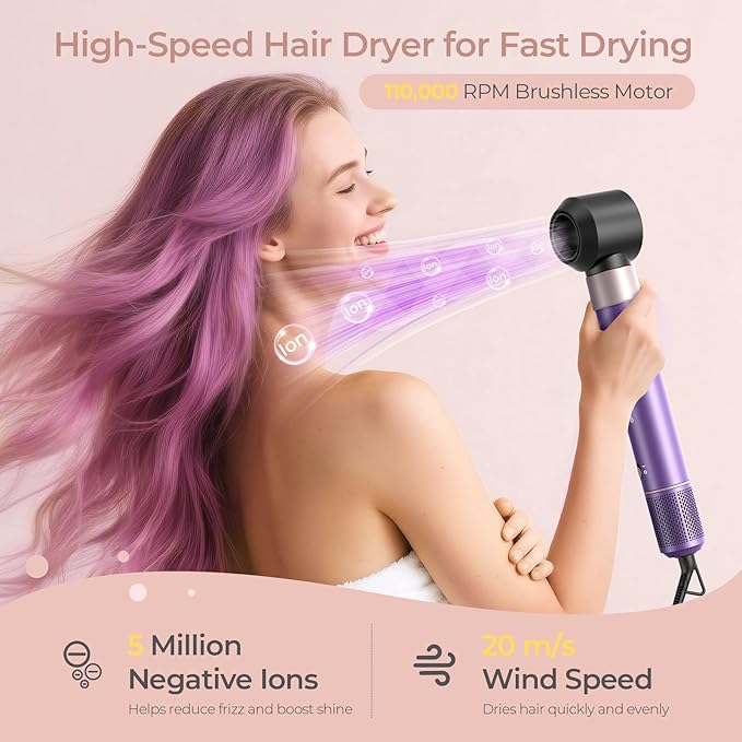 7-in-1 Hair Dryer Brush and 1500W Hair Styler Set – Fast Drying, Curling, Straightening & Volumizing – Hot Air Styling Tool with No Heat Damage – for All Hair Types – Purple