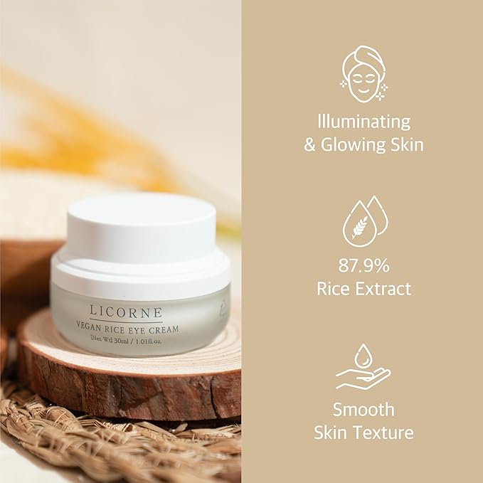 LICORNE Vegan Rice Eye Cream, De-Puffing & Dark Circles Under Eye Treatment, Thick Butter Texture with Icheon Royal Rice & AHA/PHA for Wrinkles, Large 1.01 fl oz (30ml)