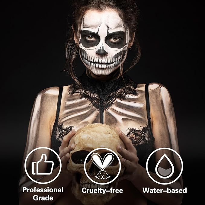 BOBISUKA Black and White Face Body Paint Kit, Water Based Face Painting for Halloween Clown Skeleton Joker Zombie Mime Sugar Skull Makeup for Women Adults, Non-Toxic Washable