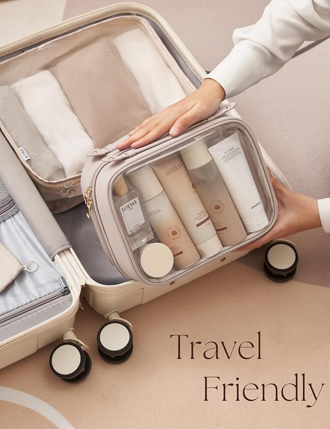 Oaque Clear Cosmetic Bag Double Layer Travel Toiletry Bag Clear Makeup Bag Case with 4 Compartments, Transparent Travel Bag for Toiletries, Large Toiletry Bag for Women Cosmetic Case (Taupe, Large)