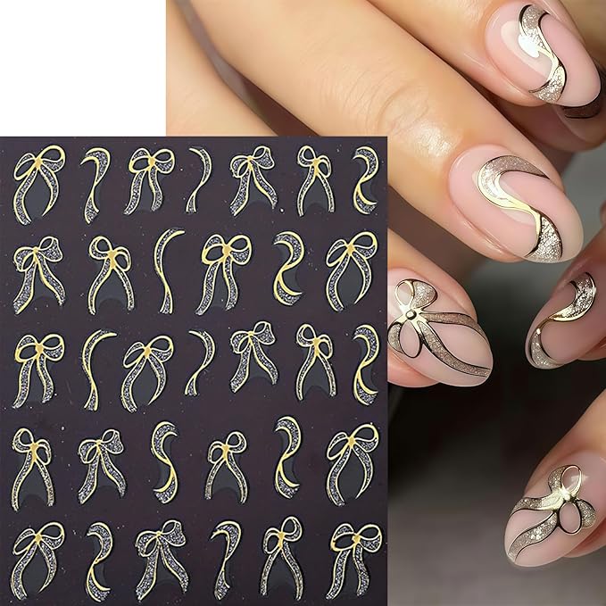 6 Sheets Bow Nail Art Stickers Bows Stickers for Nails 3D Self Adhesive Gold Red Bow Nail Decals Ribbon Bowknot Nail Design Cute Bow Nail Supplies Glitter Bow Stripe Nail Decor for Women DIY Manicure