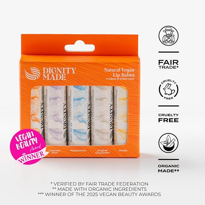 Dignity Coconuts Moisturizing Lip Balm – Soothing & Fragrance-Free, Pack of 5 - Vegan w/Nourishing Coconut Oil, Cocoa Butter & Essential Oils – 4.4ml (0.15oz) Each – Lip Care Set