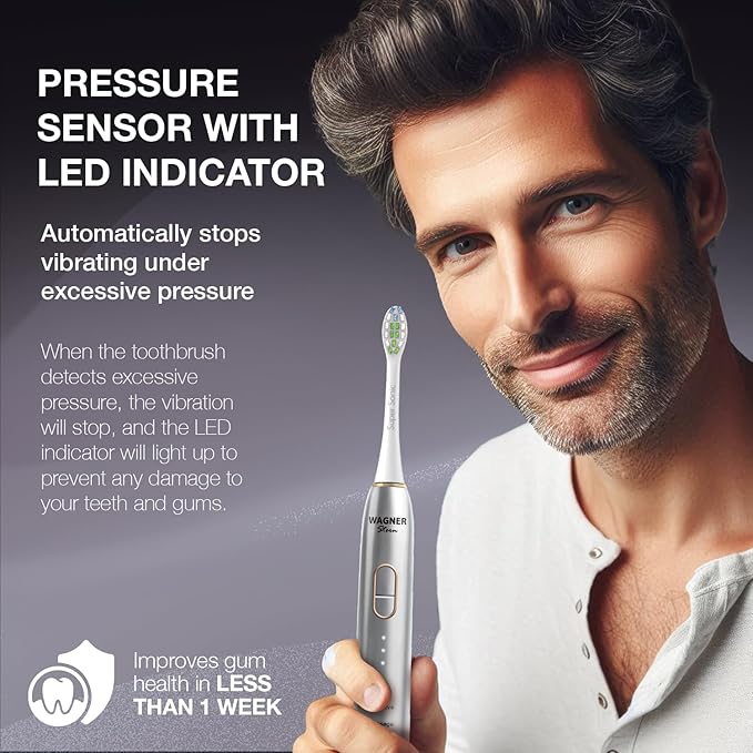 Wagner Stern IntelliBrush Series Whitening Electric Toothbrush with Pressure Sensor. Offers 4 Brushing Modes, 3 intensities, 8 Soft Brush Heads, and a Luxury Travel case.