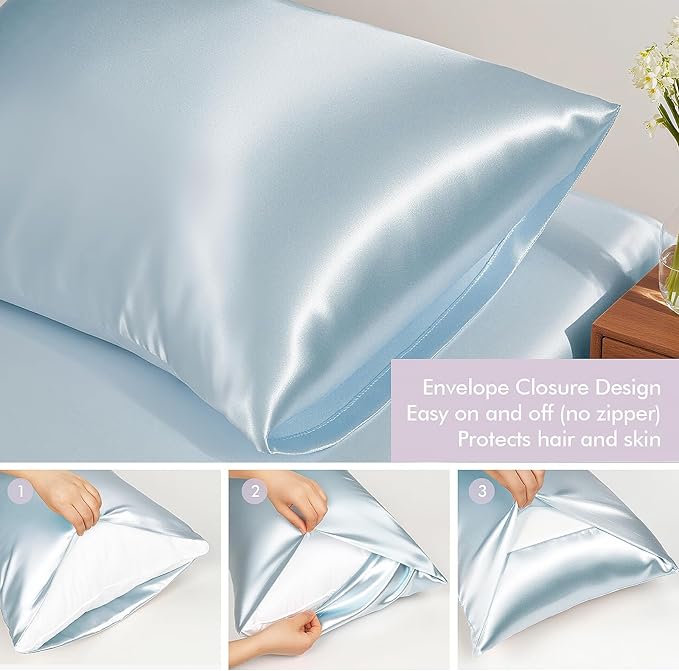 KISMETICS - Vegan Silk Sleep Set, Vegan Silk Pillowcase with Large Scrunchie and Eye Mask for Hair and Skin, Self Care Essential Satin Night Routine Kit (Light Blue Color)